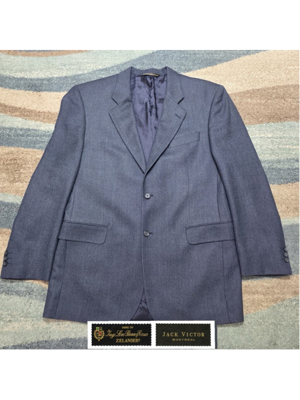 Loro Piana Zelander Wool Jack Victor Blazer 42L Blue Herringbone Made in Canada